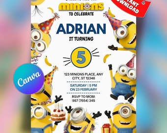 Minions Birthday Invitation Template, Yellow Crew Bday Invite, Kids Party Invite, Printable Birthday Invite, Digital Download,Canva Editable