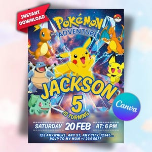 May include: A colorful Pokémon-themed birthday invitation featuring Pikachu and other characters. The invitation includes the name "Jackson", the number "5", and event details. The words "Instant Download" are in a red banner.