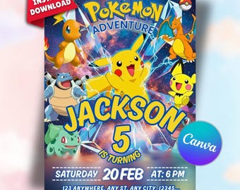 Pokemon-verjaardagsuitnodiging | Bewerkbare canvassjabloon | Afdrukbare Pikachu-themafeestuitnodiging | Jongen, meisje | Directe digitale download