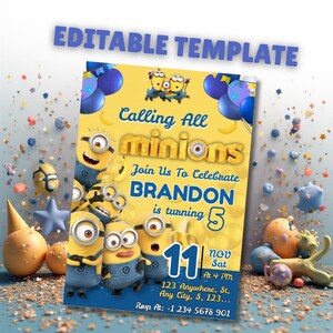 Editable Minions Birthday Invitation, Printable Party Card (Digital Download, Canva Template) image 6