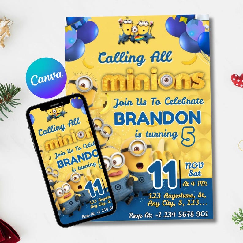 Editable Minions Birthday Invitation, Printable Party Card (Digital Download, Canva Template) image 7