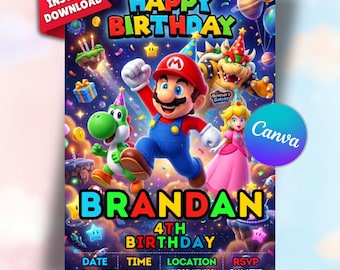 Editable Super Mario Galaxy Birthday Invitation, Mario Birthday Invitation, Outer Space Party invite, Instant Download, Template (5x7 in)