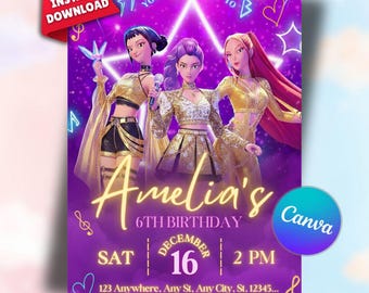 Kpop Anime födelsedagsinbjudan | Redigerbar Canvas-mall (digital nedladdning)