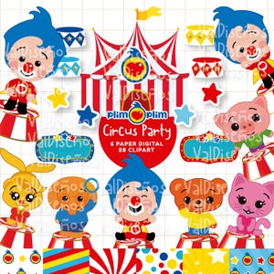 Puede incluir: Un conjunto de imágenes prediseñadas digitales con temática de circo, que incluye personajes de dibujos animados, carpas de circo, estrellas y tambores. El texto "Circus Party" es visible, junto con el número de elementos digitales.
