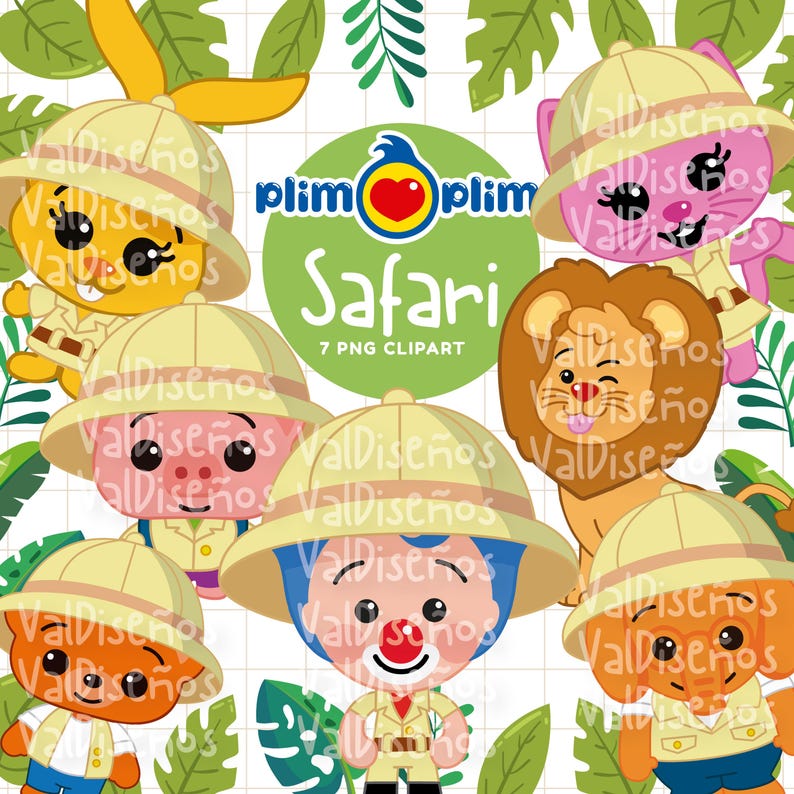 Pode incluir: Uma ilustra&ccedil;&atilde;o digital com animais e personagens de desenhos animados usando roupas e chap&eacute;us de safari. A imagem inclui um coelho, um gato, um le&atilde;o, um porco, um palha&ccedil;o e um c&atilde;o. A palavra "Safari" &eacute; exibida com o texto "7 PNG Clipart".
