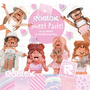 Könnte beinhalten: Digitale Kunstsammlung mit Roblox-Charakteren im süßen Pastell-Thema. Das Bild enthält den Text "ROBLOX Sweet Pastel" und "16 CLIPART 6 PAPER DIGITAL". Die Farbpalette ist hauptsächlich rosa und hell.
