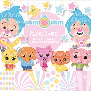 Puede incluir: Conjunto de imágenes prediseñadas digitales con personajes de dibujos animados, estrellas y fondos estampados. Los personajes incluyen un payaso, un conejo, un perro, un gato, un oso y un cerdo. Se muestra el texto "Pastel Sweet".
