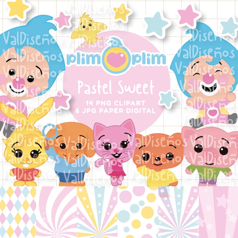 May include: A digital clipart set featuring cartoon characters, stars, and patterned backgrounds. The characters include a clown, a rabbit, a dog, a cat, a bear, and a pig. The text "Pastel Sweet" is displayed with the number of PNG and JPG files.