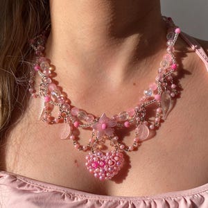 Fairycore Pearl Heart Necklace – Pink Layered Coquette Choker with Beaded Flowers & Charms