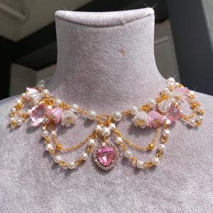 Royal Heart Fairycore Pearl Necklace – Pink Heart Pendant, Flower Charms, Layered Gold Chain Choker