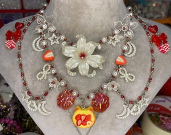 Strawberry Cat Toast Necklace, Ladybug Charm Necklace, Cottagecore Jewelry, Fairycore Statement Necklace, Handmade Kawaii Necklace, Moon