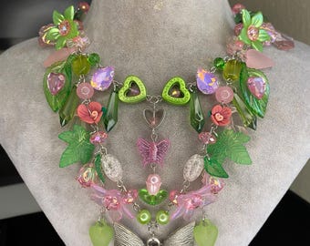 Handmade Pink Green Butterfly Necklace, Fairycore Statement Jewelry, Floral Botanical Charm