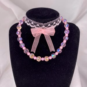 Fairycore Pink Beaded Choker with Lace Bow – Coquette Kawaii Necklace