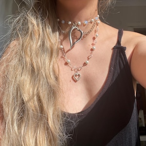 Moonstone & Pearl Layered Necklace – Coquette Y2K Heart Choker, Natural Gemstone Fairycore Jewelry