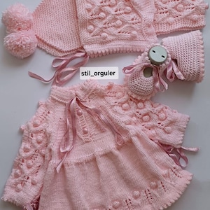 4-Piece Pink Baby Knit Outfit | Dress, Hat with Pompoms, Scarf & Booties | Handmade Anti-Pilling Yarn Set | 0–2 Years Baby Gift