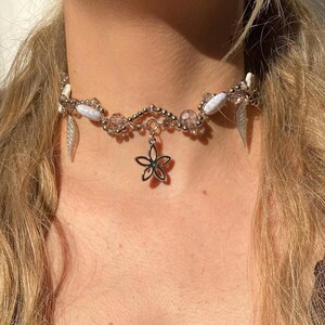 Nature-Inspired Flower Choker – Silver & Crystal Beaded Necklace with Leaf Charms | Cottagecore Jewelry