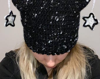 Handmade Y2K Cat Ear Beanie – Black Knit Star Hat, Alt Grunge