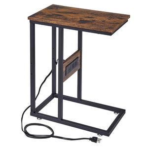 May include: A side table with a dark brown, wood-look top and a black metal frame. The table has a built-in power strip with outlets and USB ports. The table is 24 inches long, 12 inches wide, and 24 inches high.