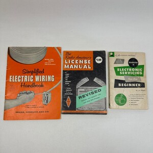 Pode incluir: Três livros vintage: "Simplified Electric Wiring Handbook" em laranja, "The Radio Amateur's License Manual" em preto e laranja e "Introduction to Electronic Servicing for the Beginner" em bege e verde.