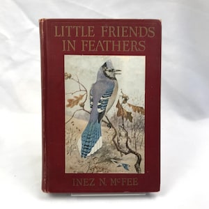 May include: A vintage book titled "Little Friends in Feathers" with a maroon cover. The cover features a watercolor illustration of a blue jay perched on a branch. The author's name, Inez N. McFee, is printed at the bottom.