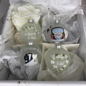 Heirloom Boxed Set Large Elegant Handpainted Wedding Keepsake Ornaments for the Bride and Groom, Bridal Shower, Wedding Gift Personalized