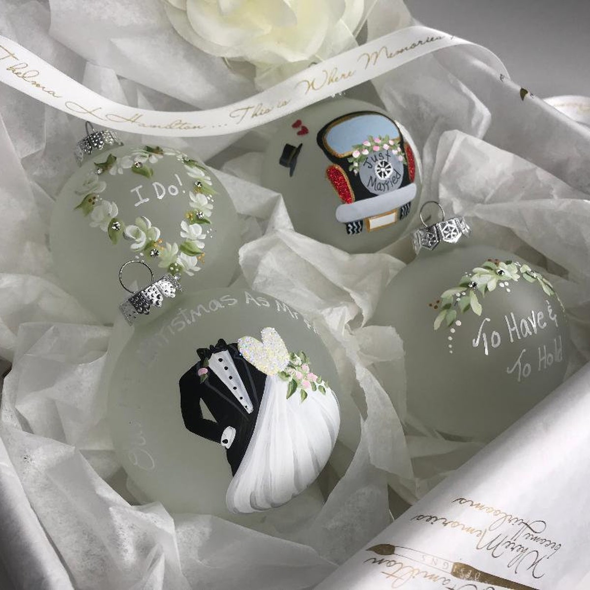 Heirloom Boxed Set Large Elegant Handpainted Wedding Keepsake Ornaments for the Bride and Groom, Bridal Shower, Wedding Gift Personalized - Etsy