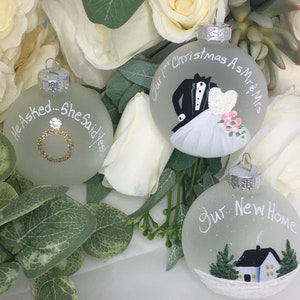 Set of 3 Wedding Engaged New Home Ornaments for the happy couple