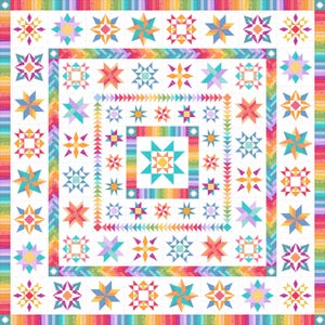 May include: A colorful quilt featuring a star pattern in shades of teal, orange, pink, and yellow. The quilt has a white background with a rainbow border and a variety of star designs.