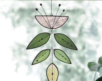Vitrail Fleur rose, Mobile Fleur en Verre, Attrape Soleil
