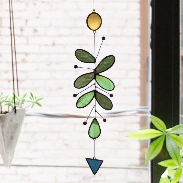 Handmade Cactus Stained Glass Suncatcher, Hanging Mobile Art, Wall Decor