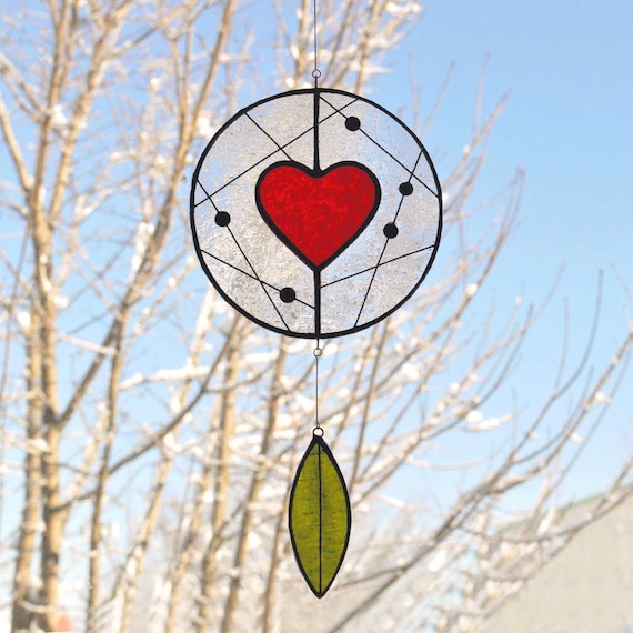 Vitrail Coeur et Constellations, Attrape soleil, Cadeau Fêtes des Mères, Cadeau Saint-Valentin, Mobile de verre