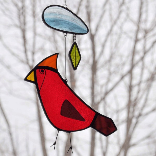 Stained Glass Cardinal Suncatcher,Bird Suncatcher,Glass Suncatcher,Stained Glass Bird,Bird Mobile,Home decor, Garden Decor,En Bleu et Verre