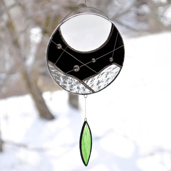 Vitrail lune,Vitrail,Mobile de verre,Mobile lune,Attrape soleil,Capteur de lumière,Capteur de rêves,Constellations,Décor noir et blanc
