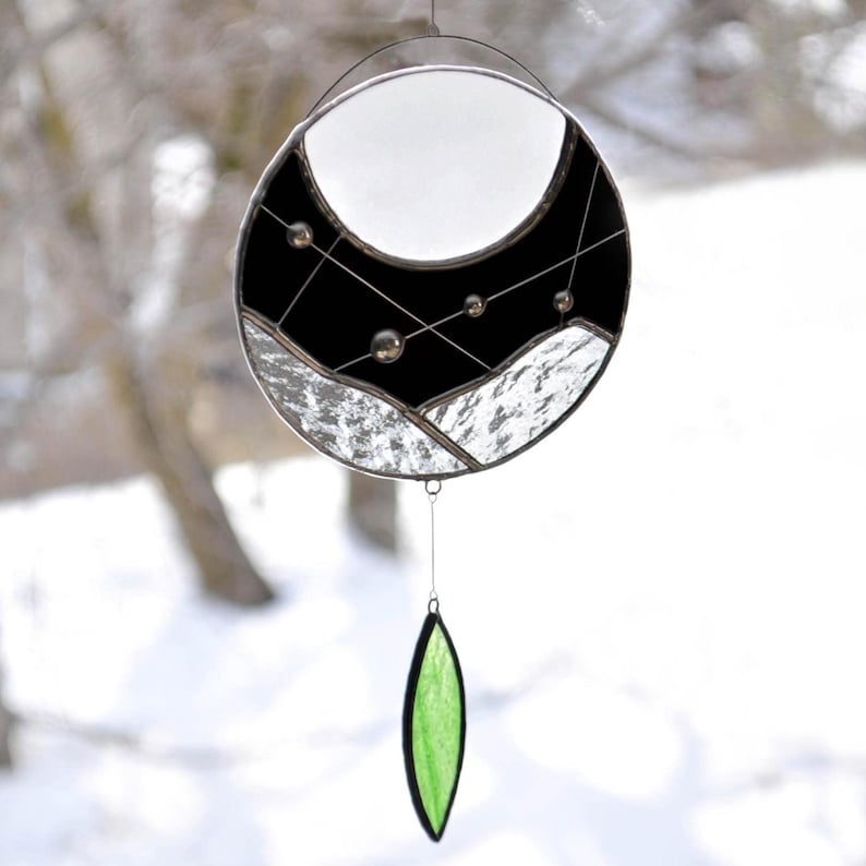 Vitrail lune,Vitrail,Mobile de verre,Mobile lune,Attrape soleil,Capteur de lumière,Capteur de rêves,Constellations,Décor noir et blanc Bild 1