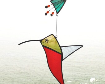Colibri vitrail, Vitrail oiseau, Vitrail Fleur, Mobile oiseau, Attrape soleil, Capteur de lumière, Mobile de verre, Cadeau Fêtes des Mères