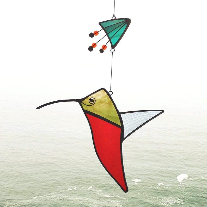 Colibri vitrail, Vitrail oiseau, Vitrail Fleur, Mobile oiseau, Attrape soleil, Capteur de lumière, Mobile de verre, Cadeau Fêtes des Mères Bild 1