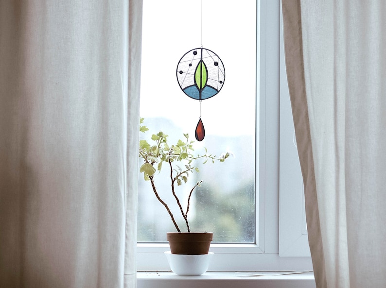 Gray Yellow and Blue Night Sky Suncatcher,Stained glass suncatcher,Art mobile,Stars suncatcher,Baby mobile,Constellation mobile