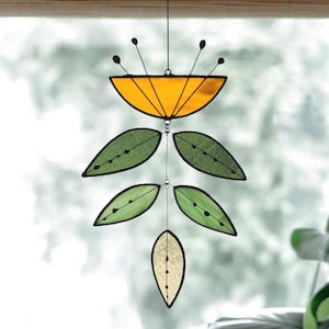 Vitrail Fleur jaune, Mobile Fleur Jaune, Vitrail Feuille, Capteur de lumière, Mobile de verre, Décoration jardin, Cadeau pour elle