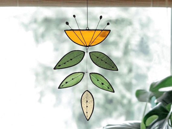 Vitrail Fleur Jaune, Attrape Soleil fait à la main, Mobile de verre