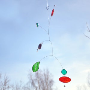 Red Ellipse Art Mobile, Stained glass Suncatcher, Garden Sculpture decor