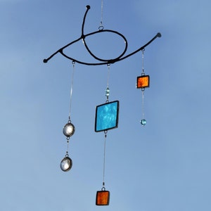 Aqua Stained Glass Suncatcher, Abstract Art Glass Mobile, Beach Home Decor