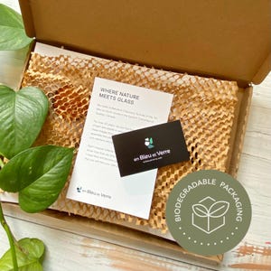 May include: A brown cardboard shipping box containing tan honeycomb paper filler, a white informational card with the text WHERE NATURE MEETS GLASS, and a small black business card with the white text en Bleu et Verre and a logo.