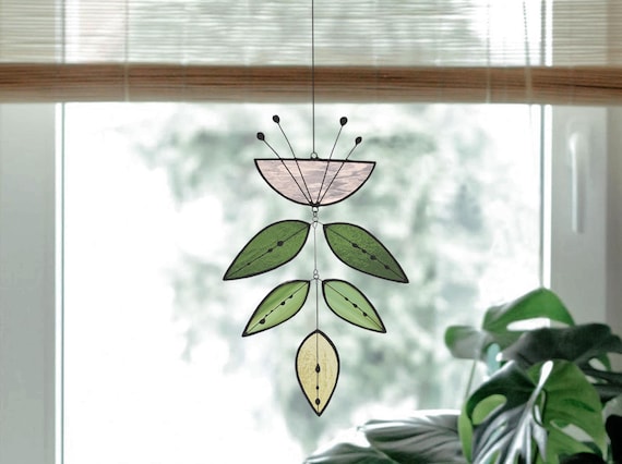Vitrail Fleur rose, Mobile Fleur en Verre, Attrape Soleil