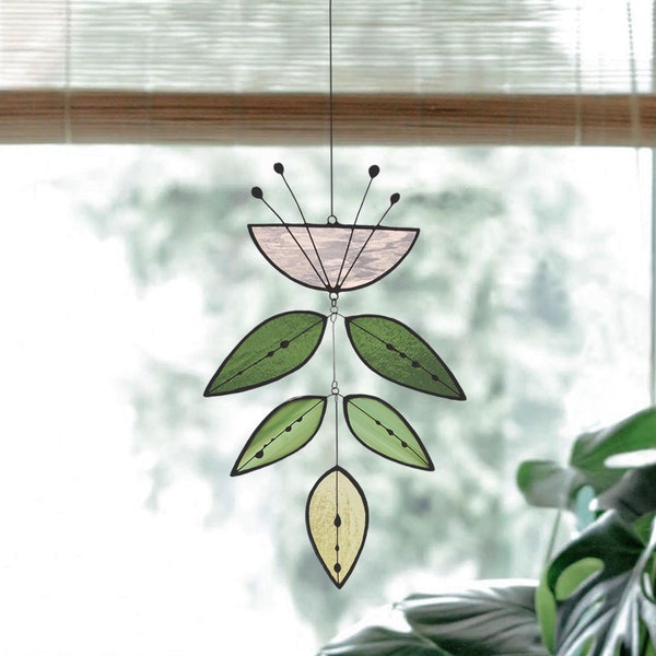Pink Stained Glass Flower, Flower suncatcher, Stained Glass Plant, Glass Mobile, Garden Decor, Hanging plant, Mother day gift, Gift for her