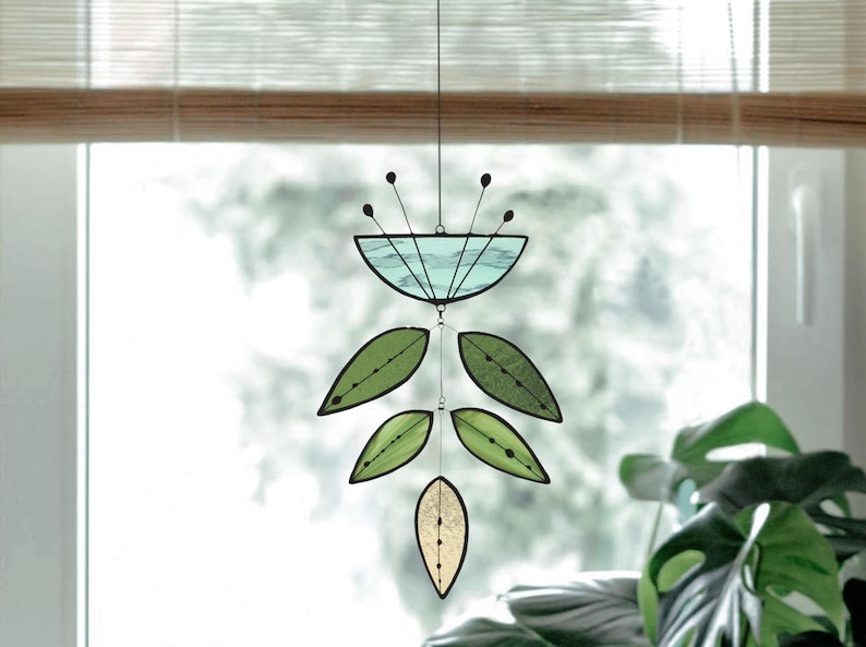 Blue Stained Glass Flower,Flower suncatcher, Stained Glass plant, Suncatcher, Glass Mobile, Garden Decoration, Mother day gift, Gift for her image 1