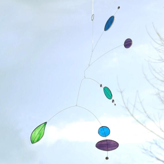 Mobile Ellipse Bleu, Mobile bleu, Mobile d'art, Mobile sculpture, Mobile vitrail, Vitrail, Attrape soleil, Constellations, Décoration jardin