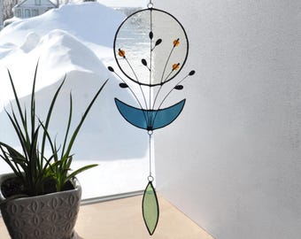 Vitrail Lune d’automne bleue, Attrape soleil Fleurs Sauvages, Mobile de Verre fait à la main
