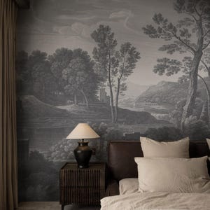 Carta da parati murale con boschetto antico lungo il fiume - Arte murale con paesaggio forestale vintage per soggiorno o camera da letto, murale naturalistico di dimensioni personalizzate