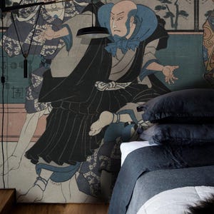Zen Warriors Wallpaper – Japanese Samurai Wall Mural | Ink Painting Style | Japandi, Wabi-Sabi, Minimalist Decor for Bedroom or Office