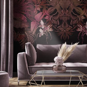 Tropical Composition Pink Wallpaper Mural – Bold Botanical Pink & Green Leaves, Custom Size for Living Room, Bedroom